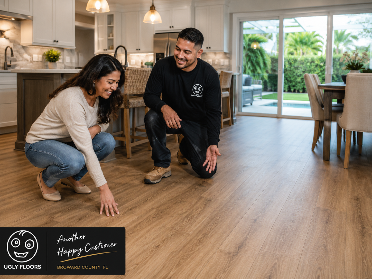 Ugly Floors installer showing a homeowner new oak-style laminate in a Broward kitchen