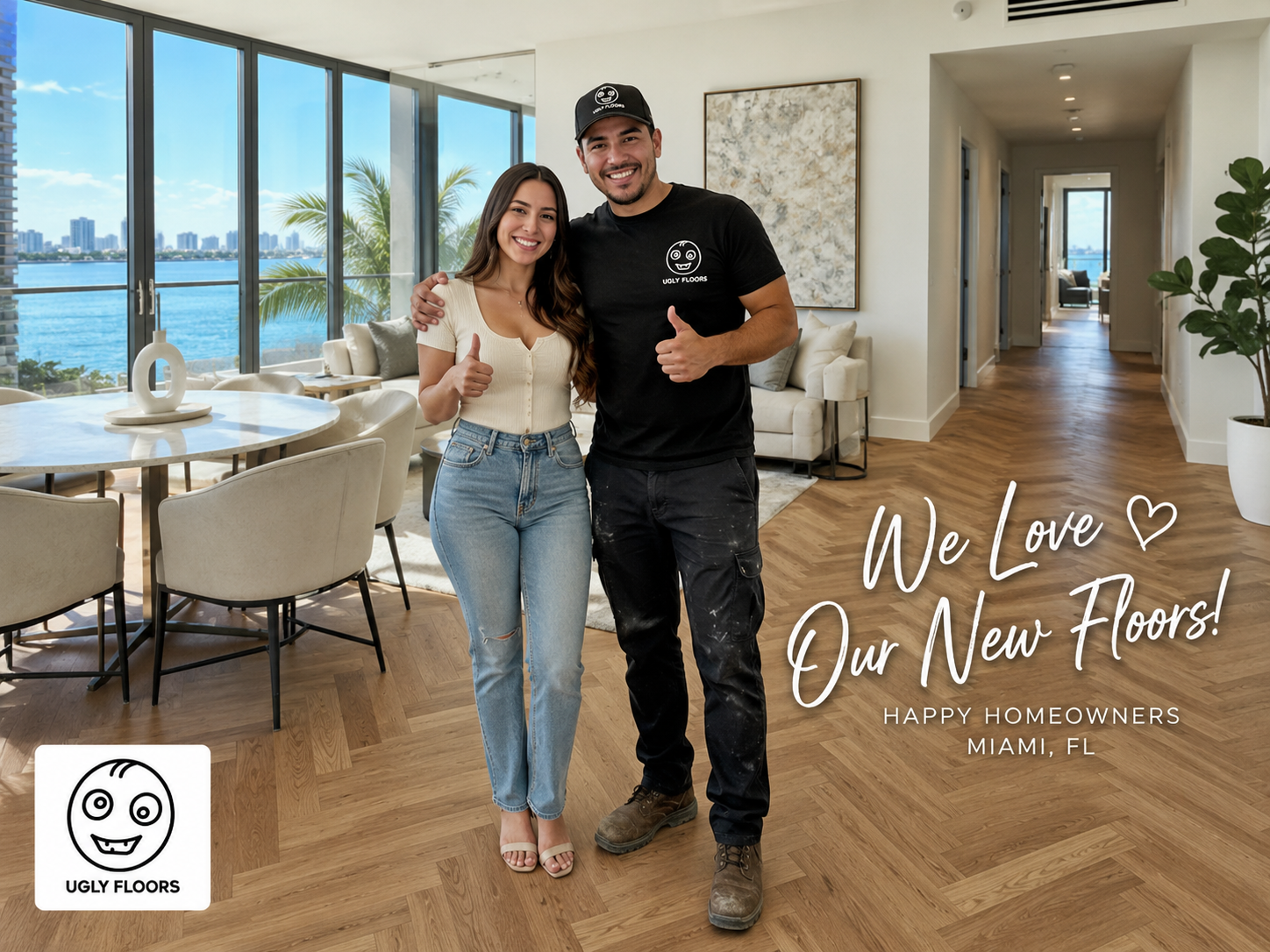 Homeowners standing on new herringbone vinyl flooring in a waterfront Miami apartment