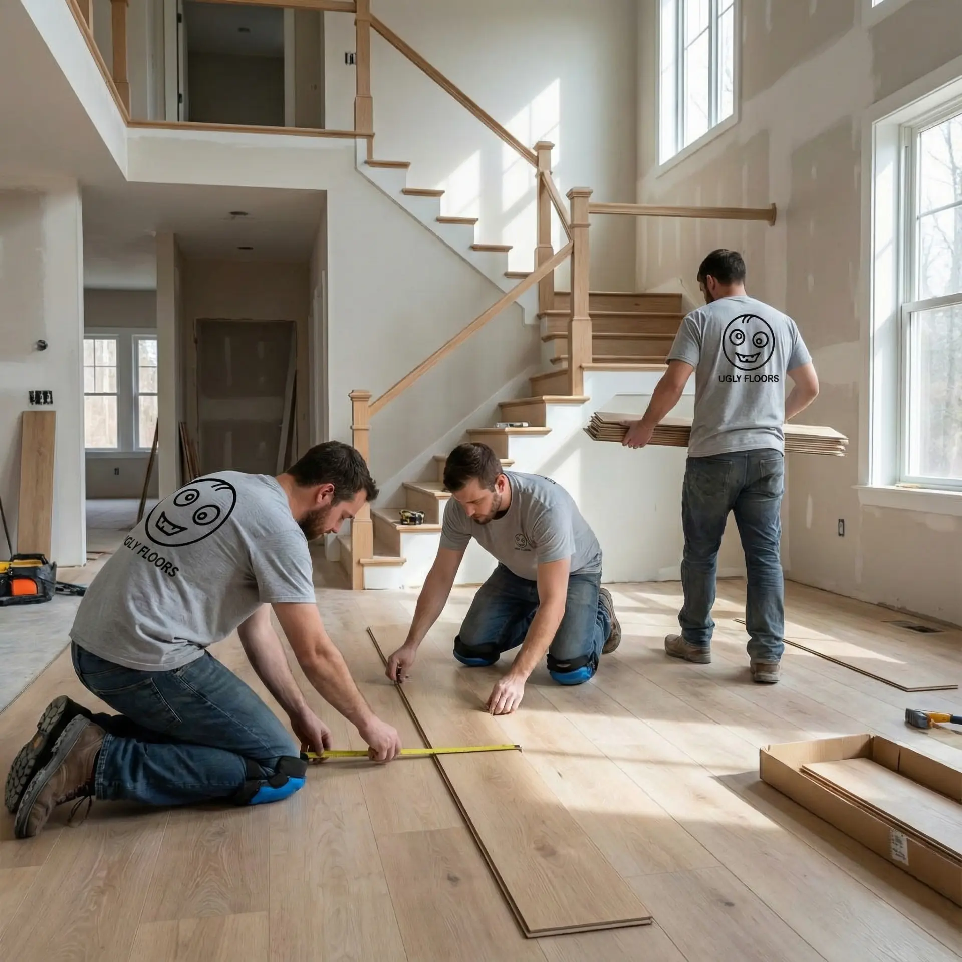 Ugly Floors crew working in a cleared room