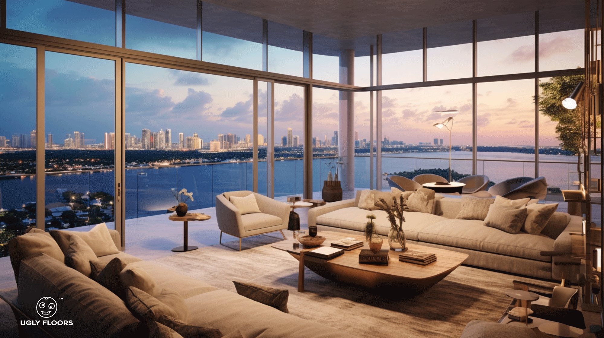 Modern Miami condominium interior with rigid-core plank flooring