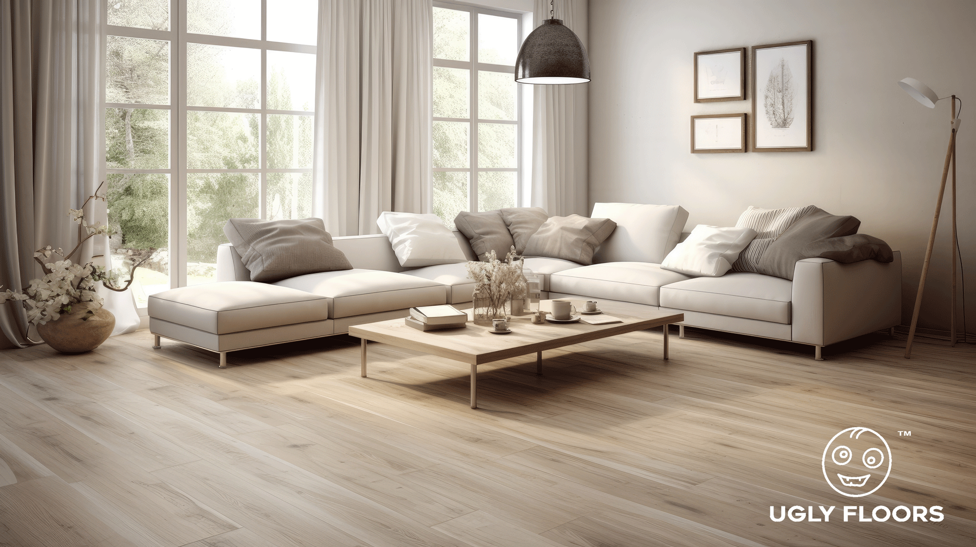 Bright living room with newly installed light-toned flooring
