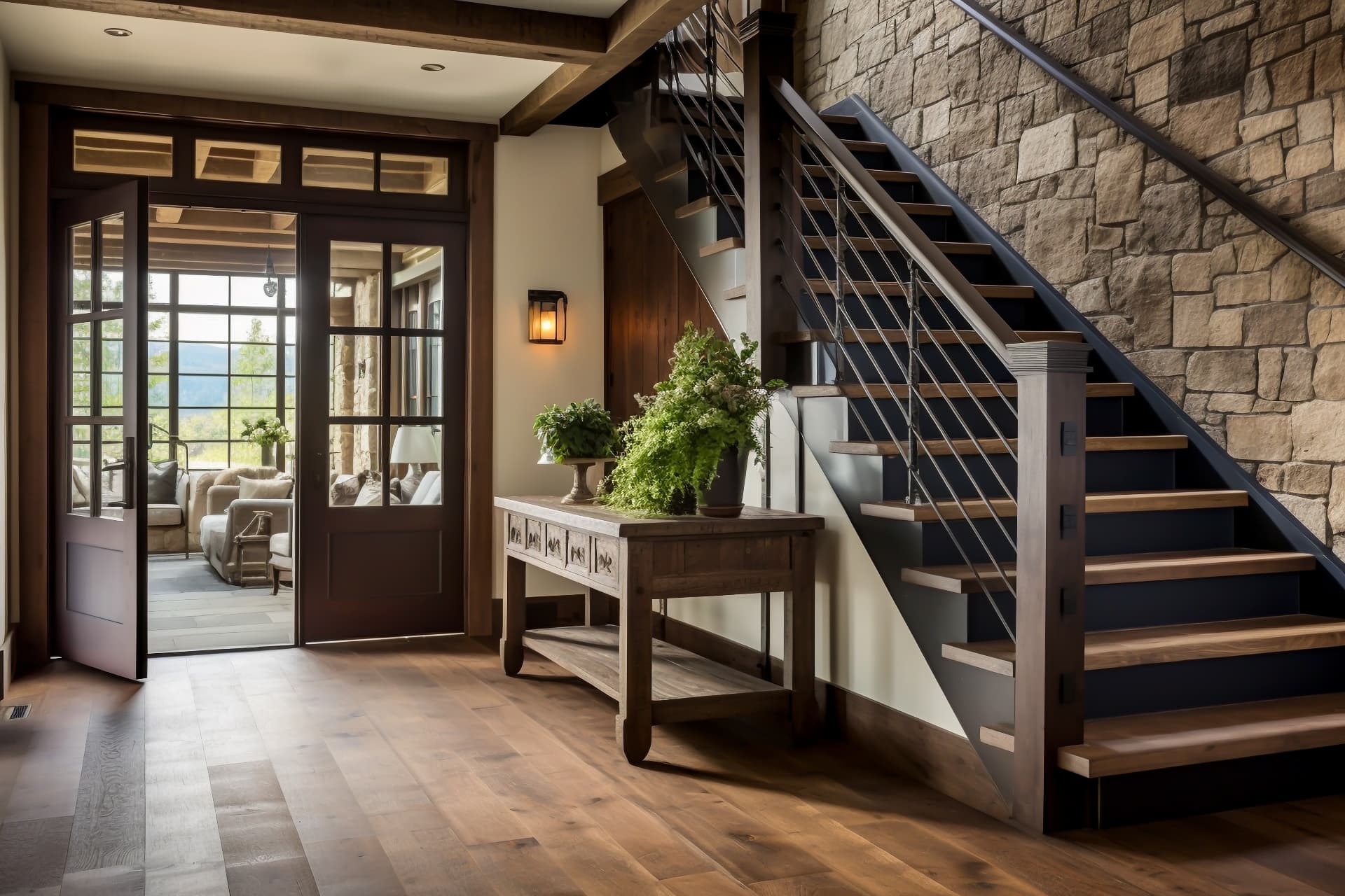 Modern wood staircase beside a stone wall