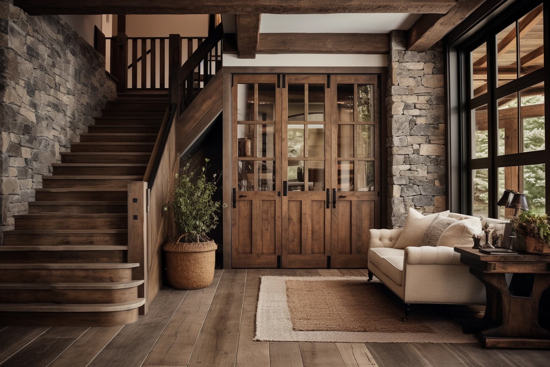 Wood-look plank flooring and a matching staircase beside stone walls