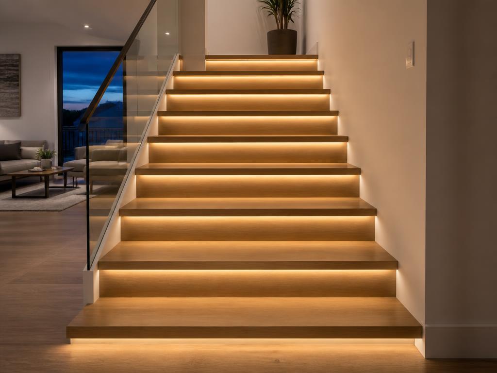 Staircase with WPC treads and integrated LED step lighting