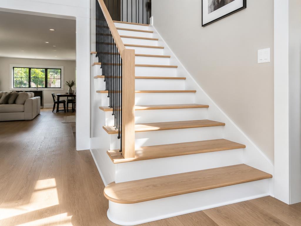 Staircase with rounded bullnose oak laminate treads and white risers