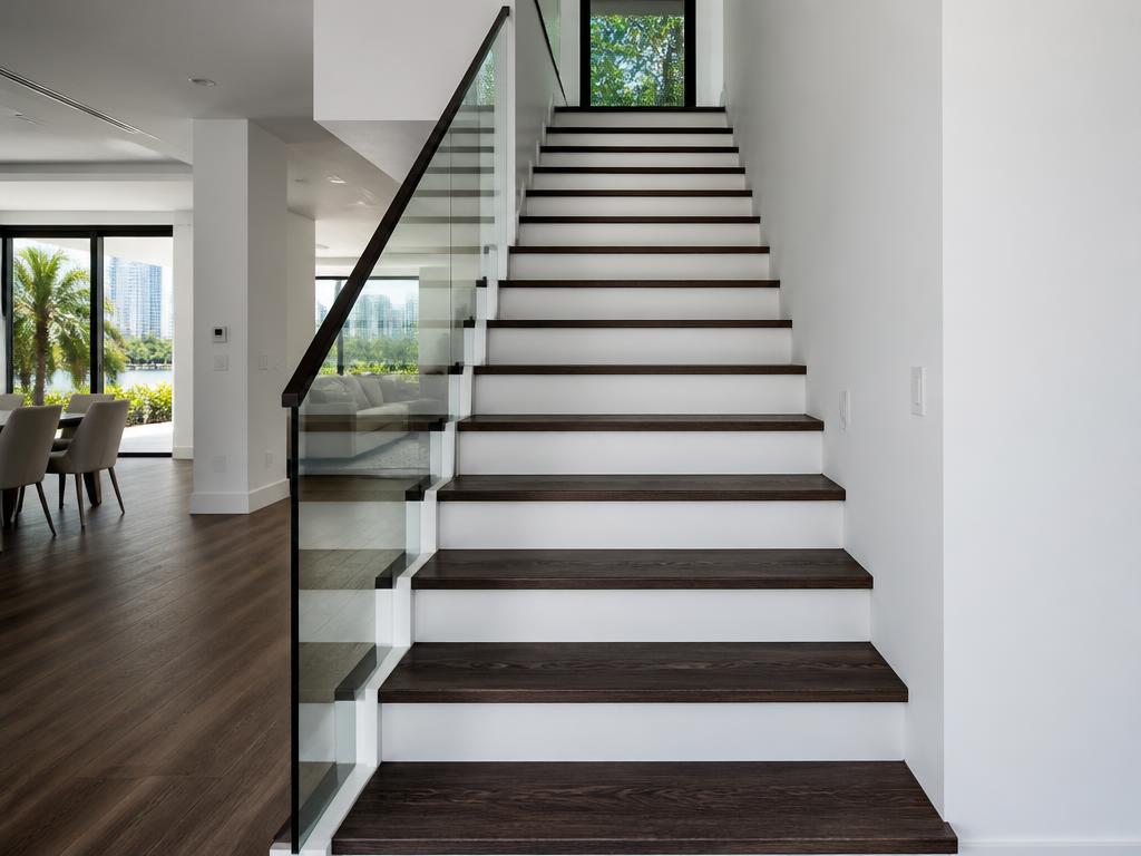 Modern staircase with square-edge dark SPC vinyl treads