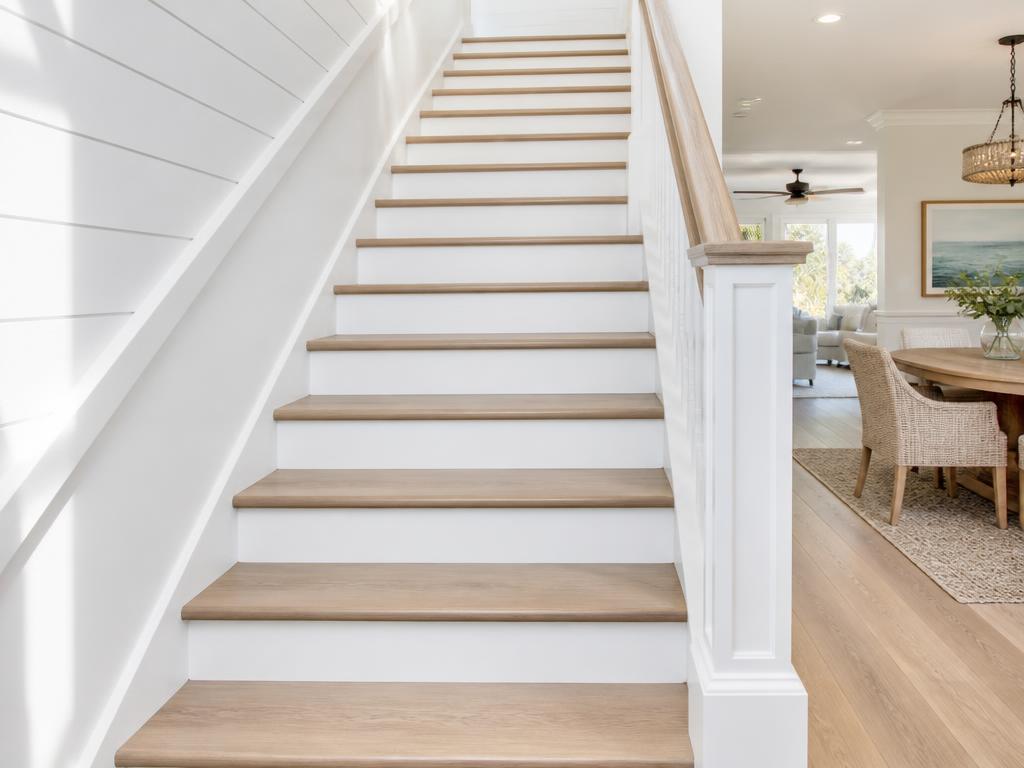 Light laminate stair treads with bright white painted risers